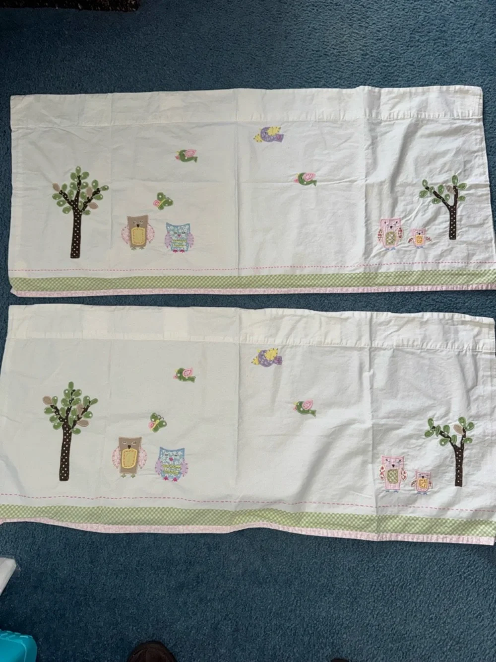 2 Pottery Barn Kids Window Owl Valance Decor Curtains White Green Set of Two